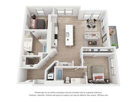 Floor plan for 2 beds, 2 baths, 1253 sqft